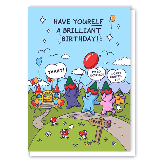 Three cheeky elves are super excited for their bouncy castle party and are running with balloons and presents! The punny caption reads 'Have Yourelf a Brilliant Birthday!'