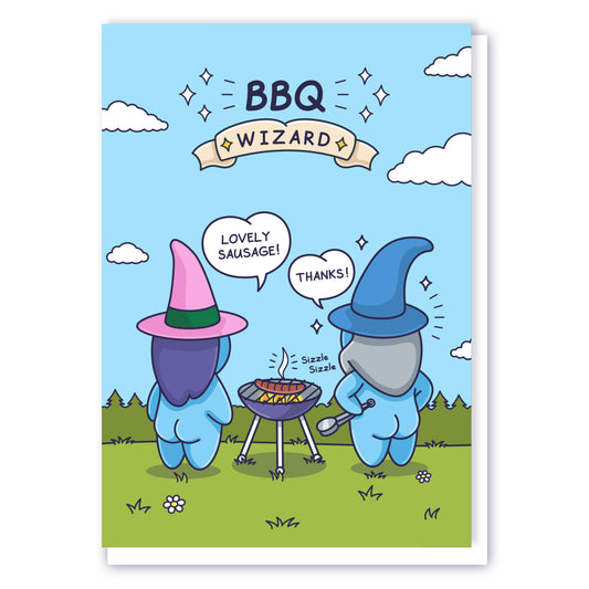 A barbeque wizard is cooking a sausage and the Witch is watching saying 'Lovely Sausage!'