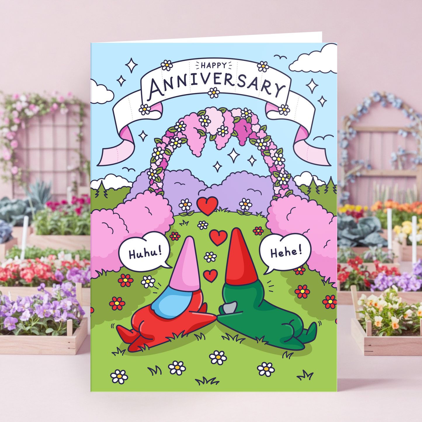 Cute Anniversary Card - Garden Gnomes in Love