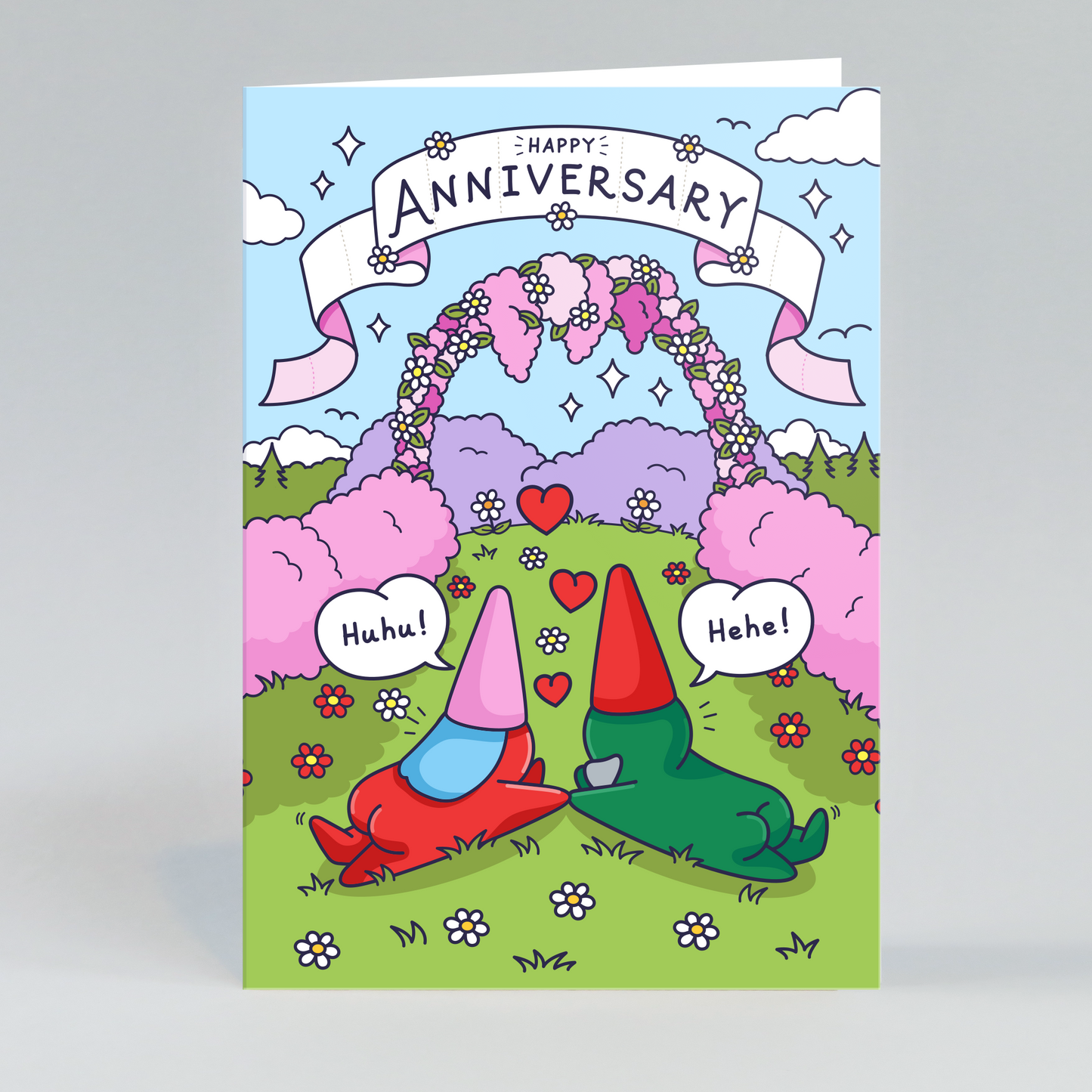 An illustrated greeting card for an anniversary, showing a whimsical gnome couple frolicking happily amongst garden flowers, symbolizing a joyful and lasting relationship.