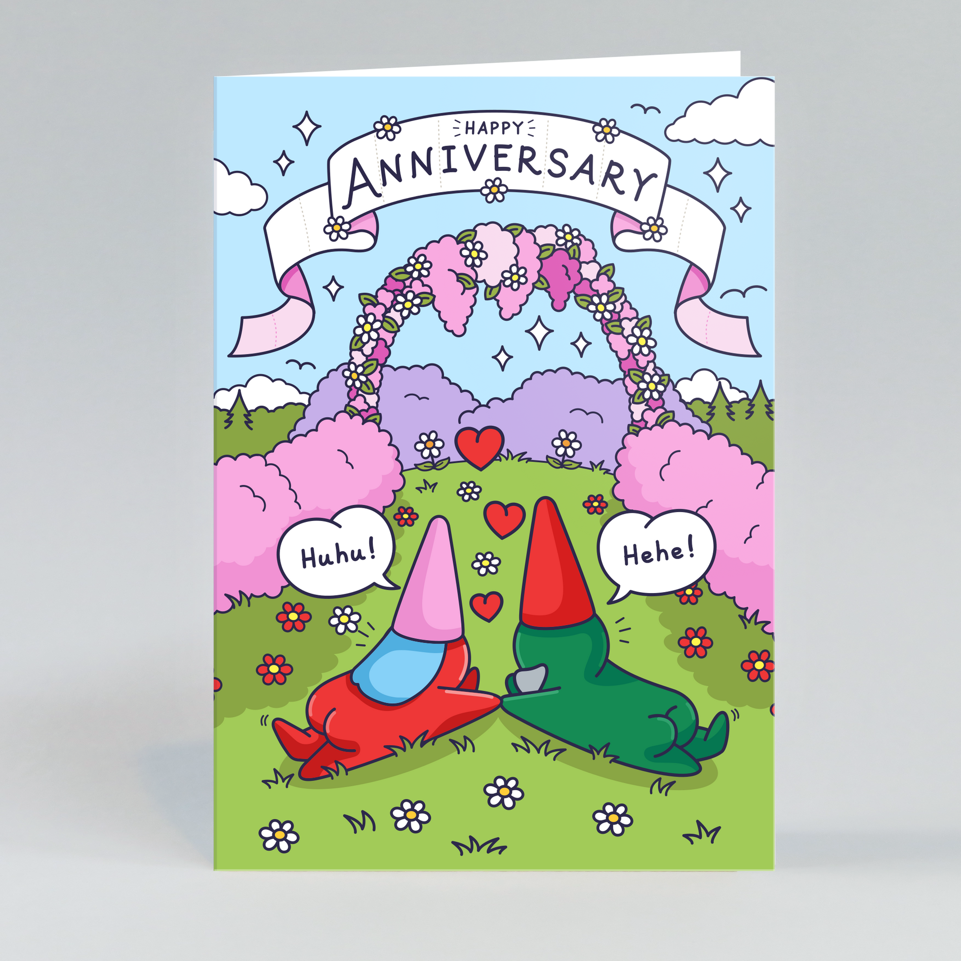 An illustrated greeting card for an anniversary, showing a whimsical gnome couple frolicking happily amongst garden flowers, symbolizing a joyful and lasting relationship.
