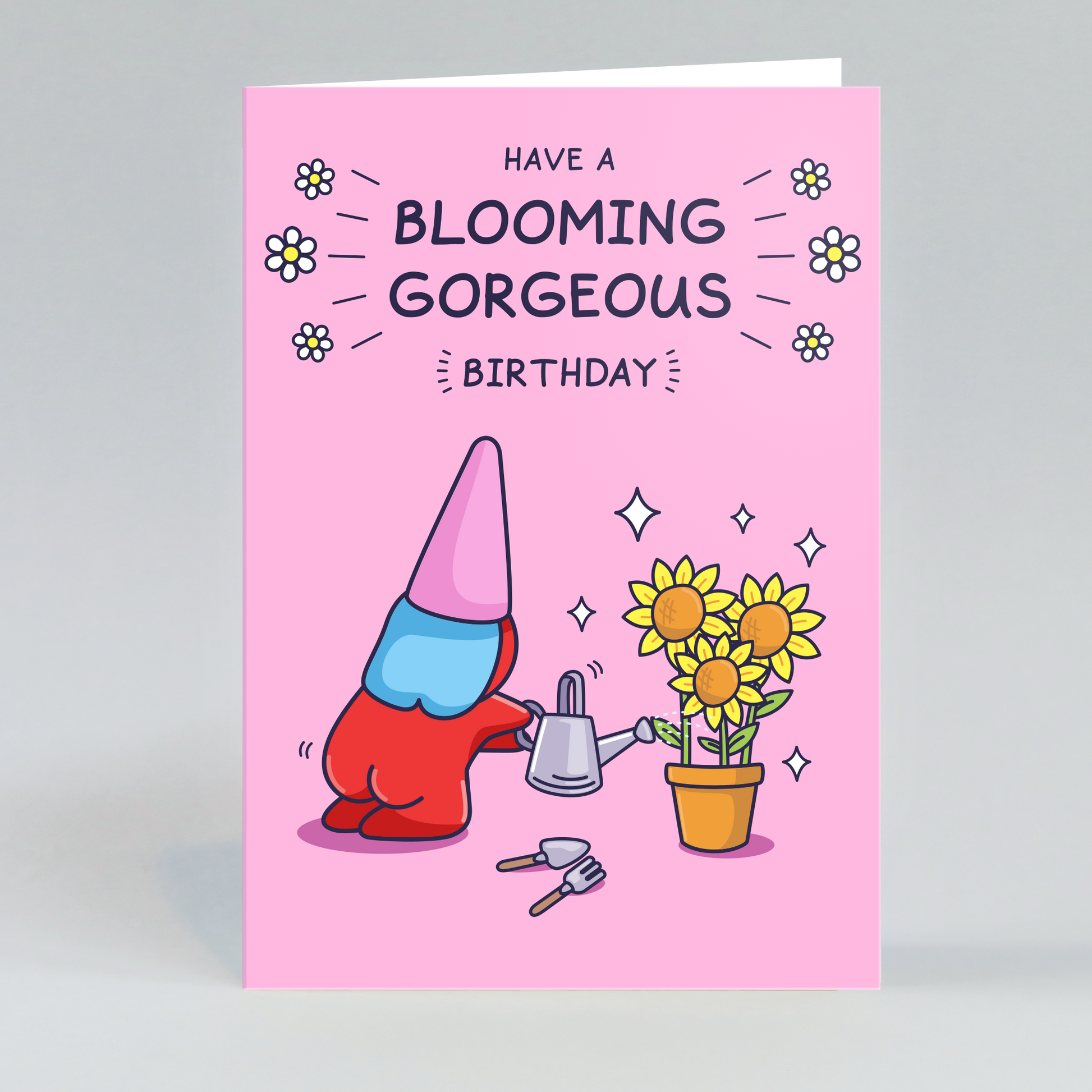 Greeting card with a delightful illustration of a female gnome with a watering can.