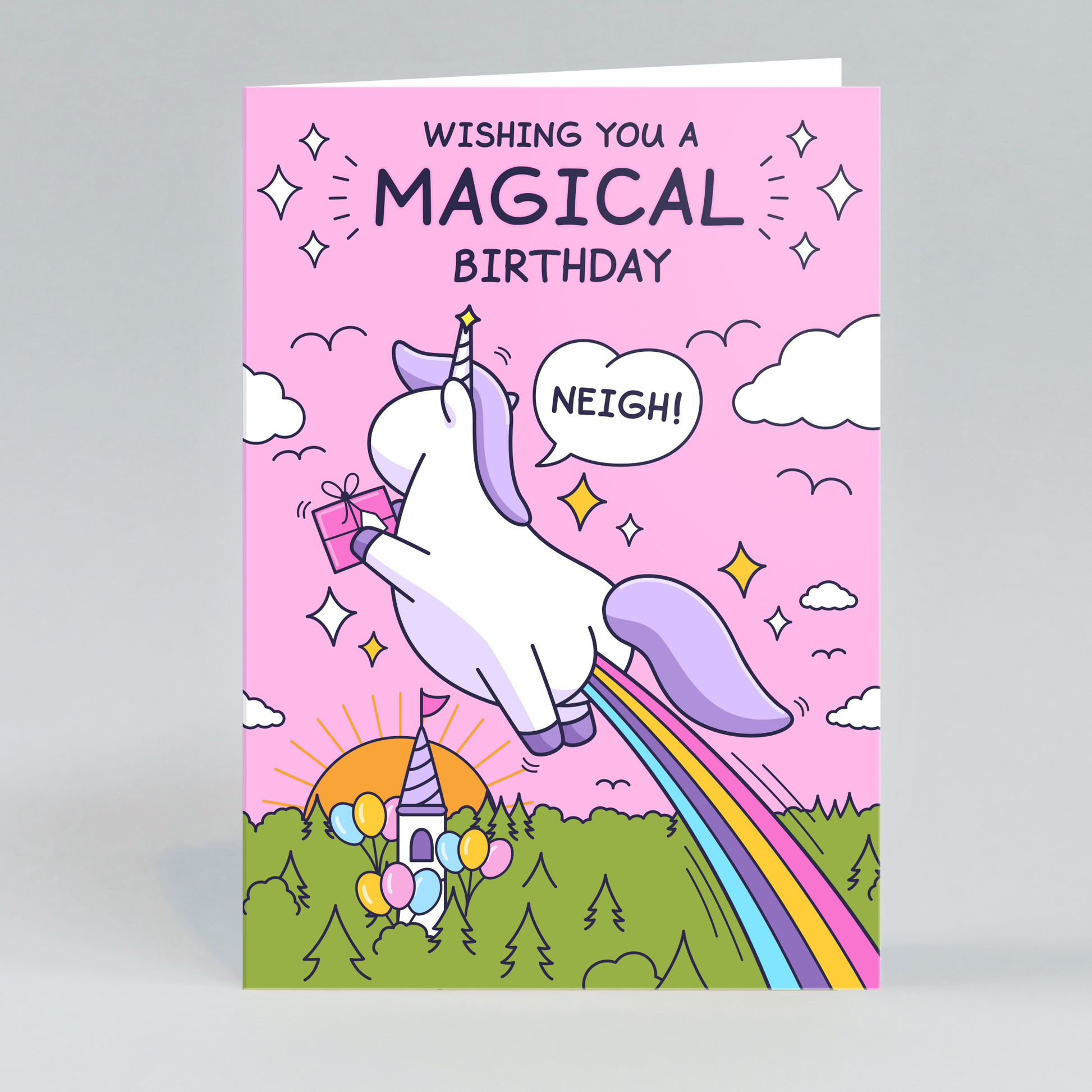 A beautiful unicorn is holding a present while flying with a rainbow. There is a cute white castle with balloons.