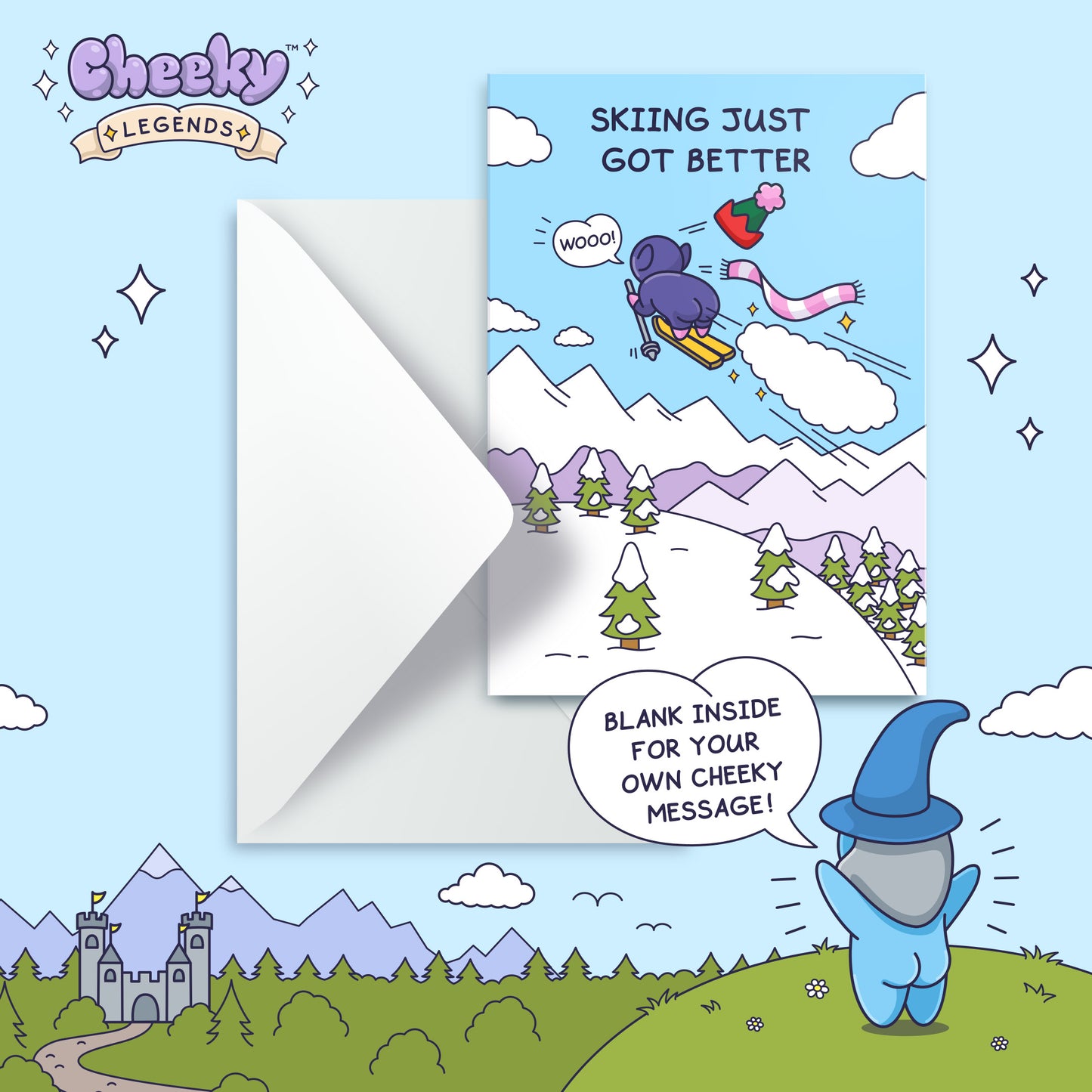 Elf Skiing - Funny Blank Card - Cheeky Legends