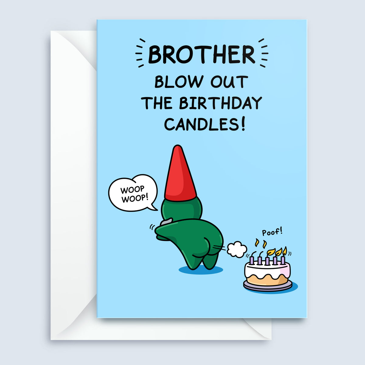 Birthday card with cartoon character blowing out candles on a cake, text 'Brother blow out the birthday candles!', on a light blue background.