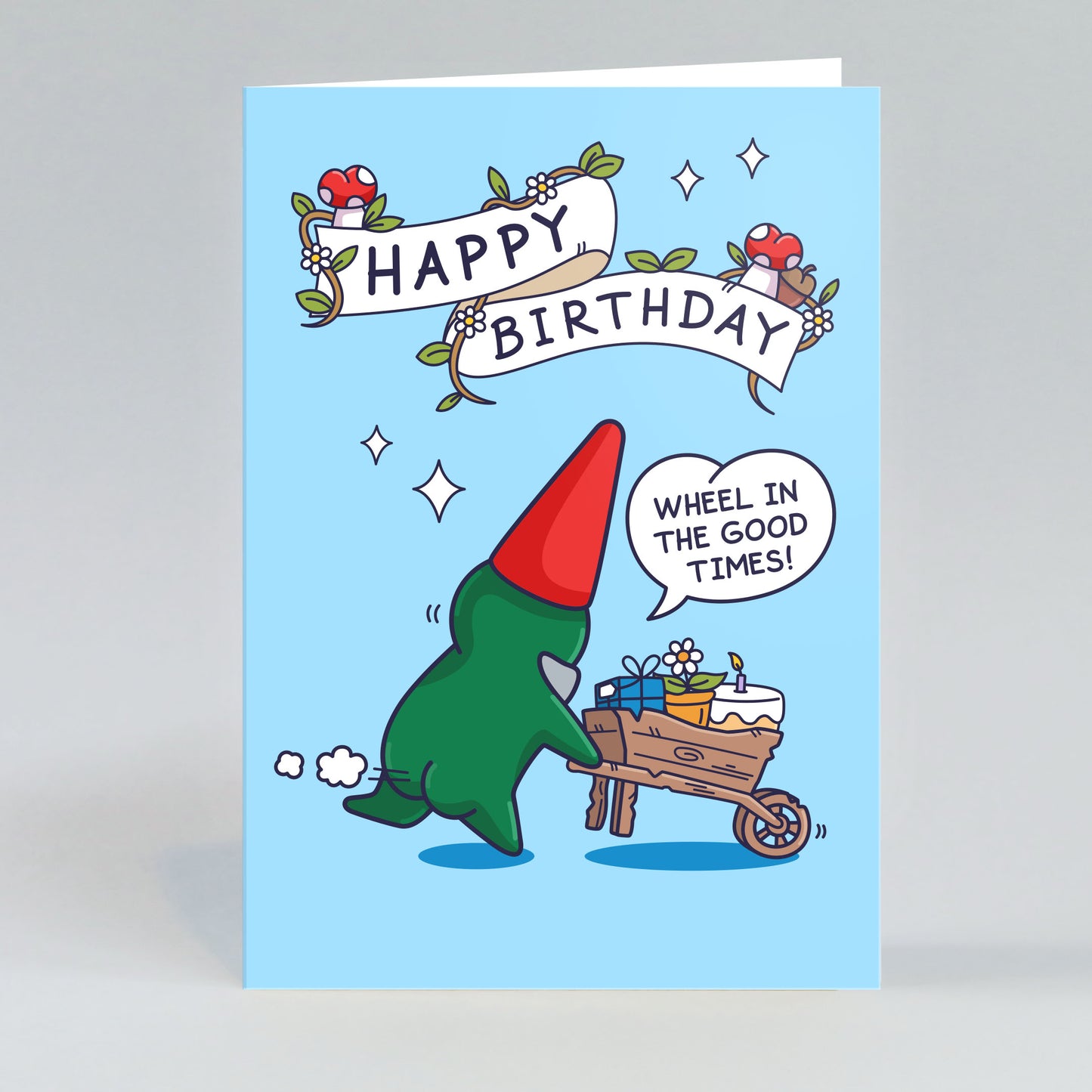 A funny birthday card illustration of a gnome running with a wheelbarrow filled with presents and a birthday cake, ready for a celebration. The gnome looks excited and is wearing a red hat.