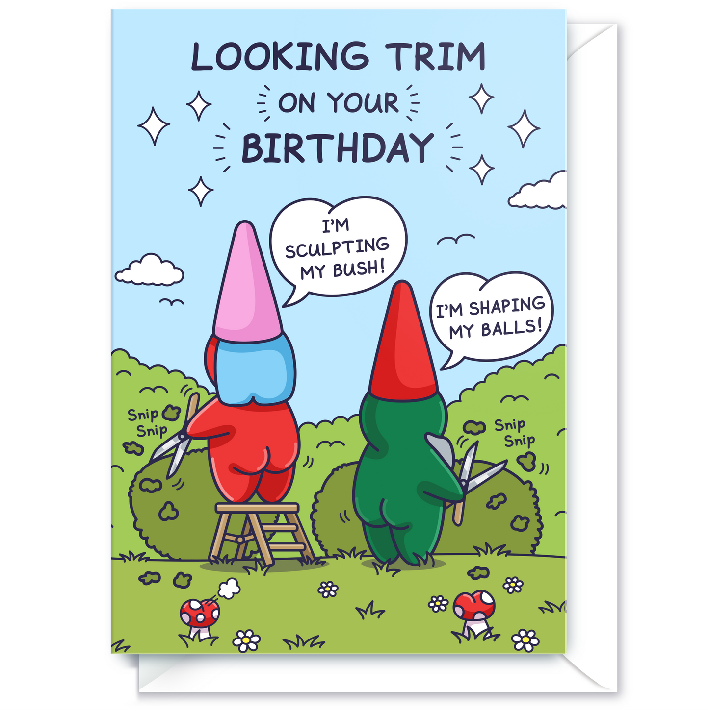 Funny Birthday Card - Trimming Her Bush and His Balls - Garden Gnomes