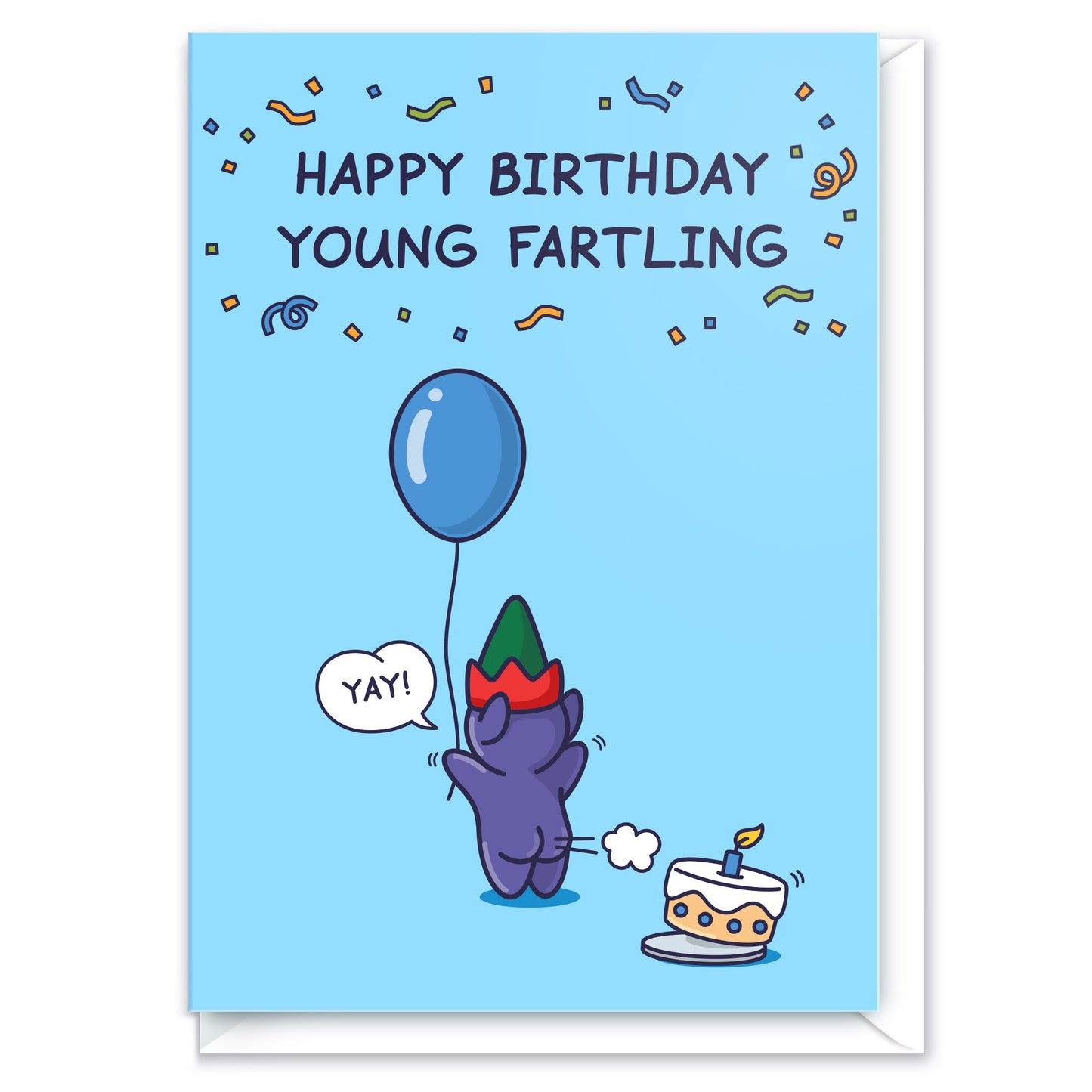 A small elf is blowing out a birthday candle in a very funny way. He is holding a balloon and saying 'Yay!' The caption reads 'Happy Birthday Young Fartling'.