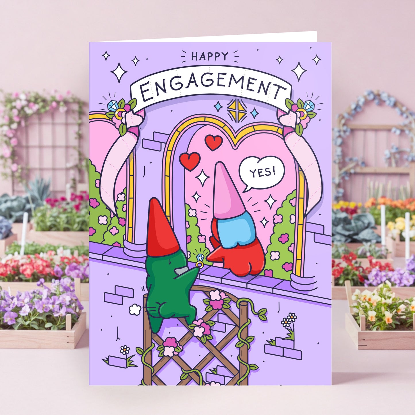 Lifestyle photoshoot of a whimsical engagement card depicting a gnome proposal. A male gnome is presenting a ring to his partner in a fairytale-like garden setting, symbolizing a magical and heartfelt moment.