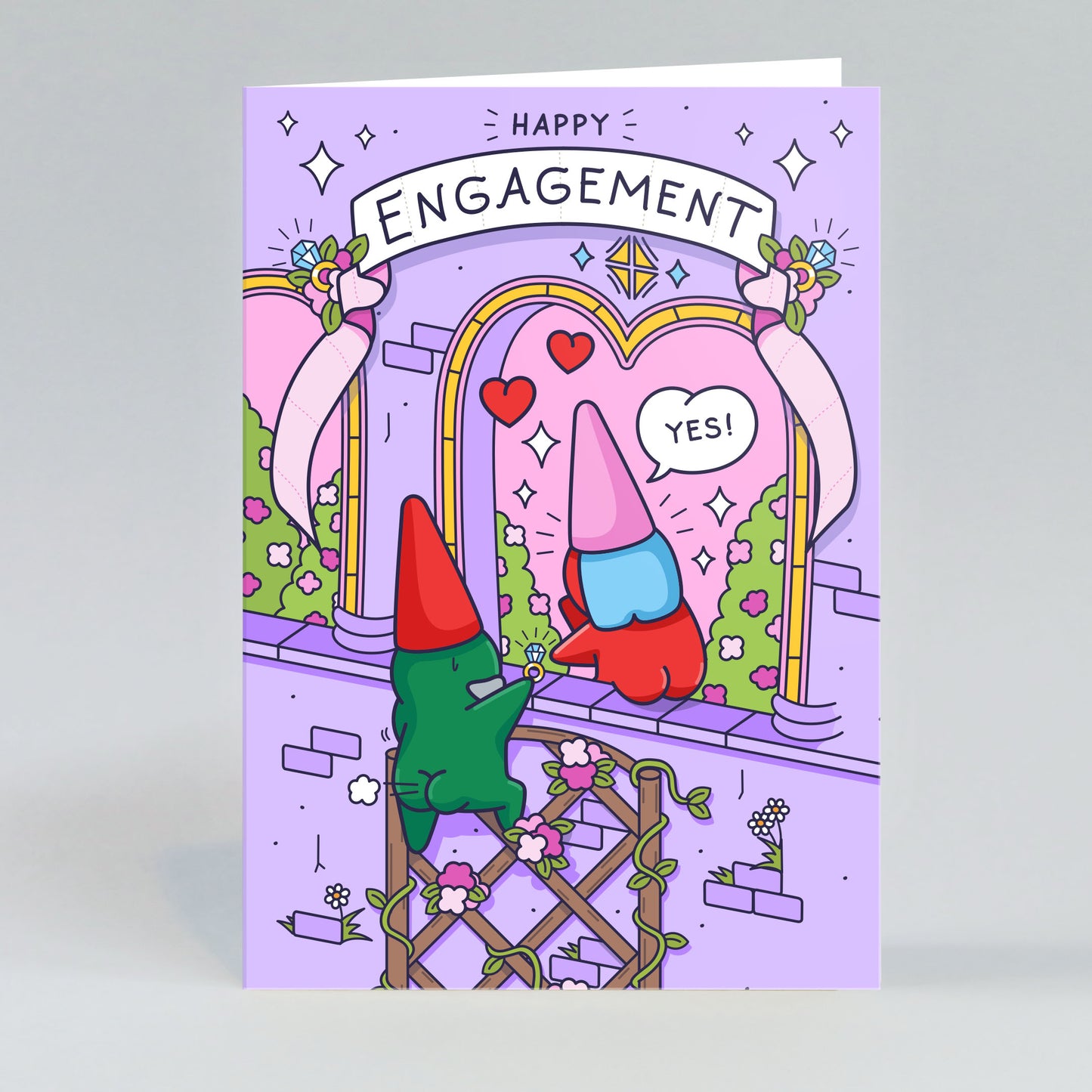 A whimsical engagement card depicting a gnome proposal. A male gnome is presenting a ring to his partner in a fairytale-like garden setting, symbolizing a magical and heartfelt moment.