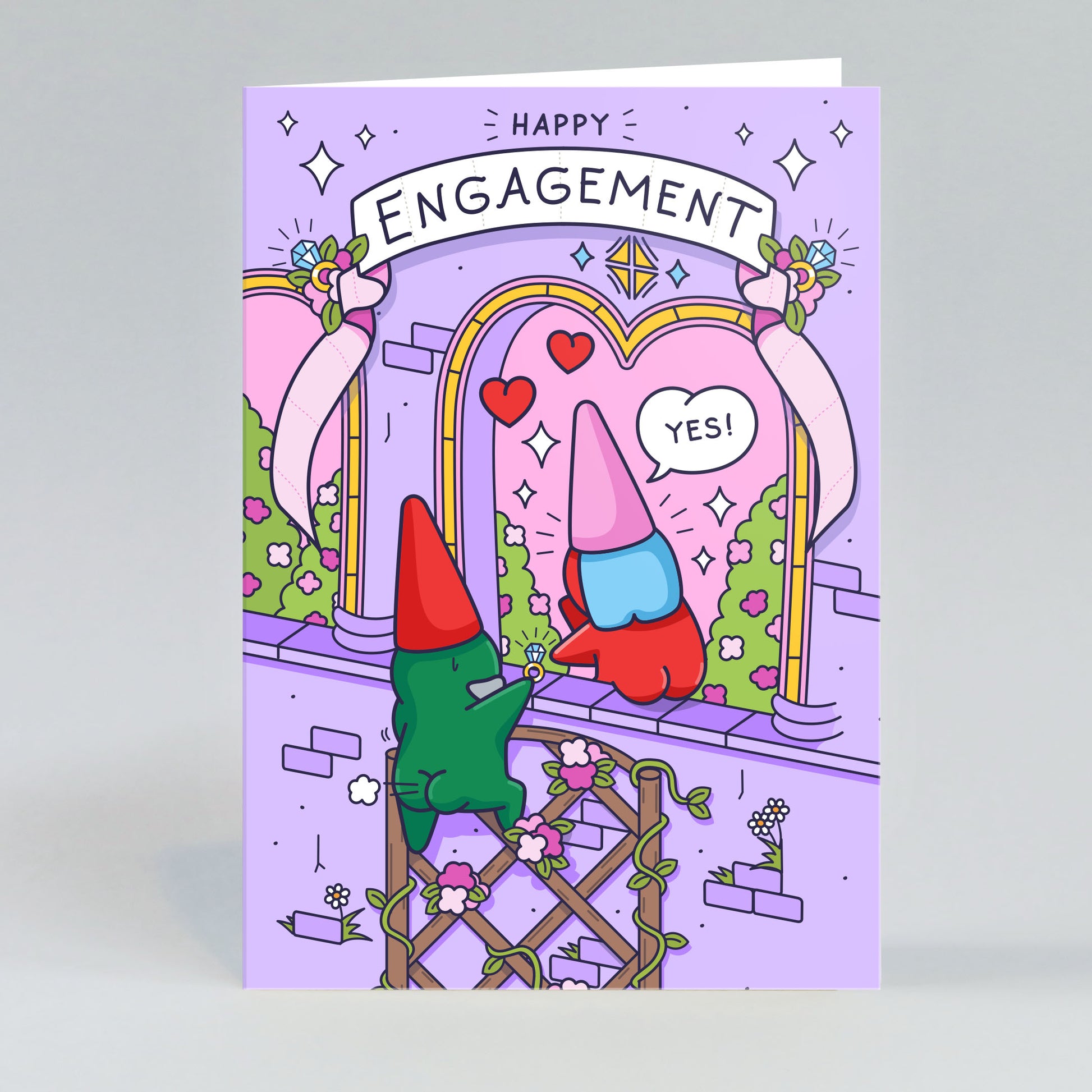A whimsical engagement card depicting a gnome proposal. A male gnome is presenting a ring to his partner in a fairytale-like garden setting, symbolizing a magical and heartfelt moment.