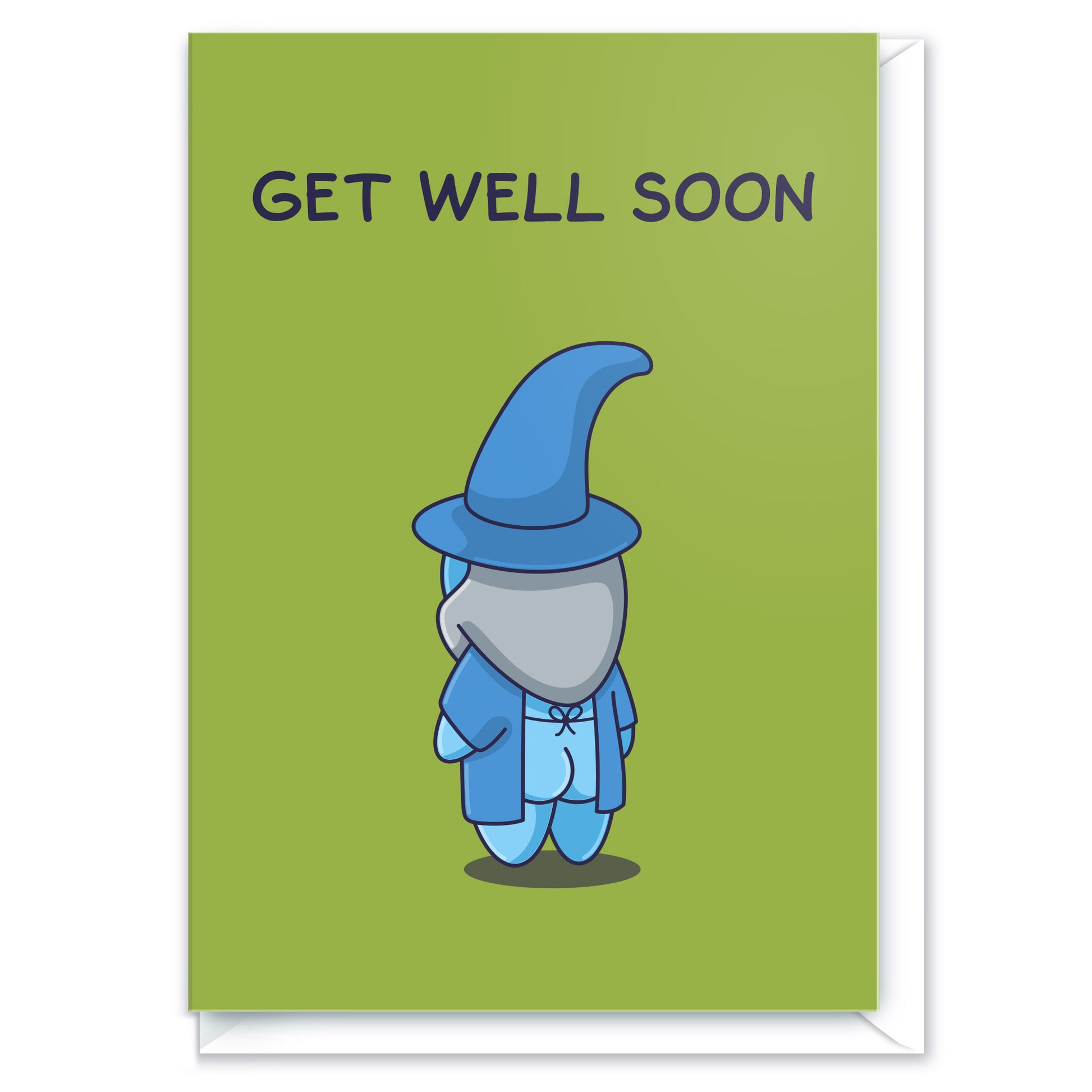 A funny cartoon of a wizard in a hospital robe with his bottom peaking. The message reads 'Get Well Soon'.