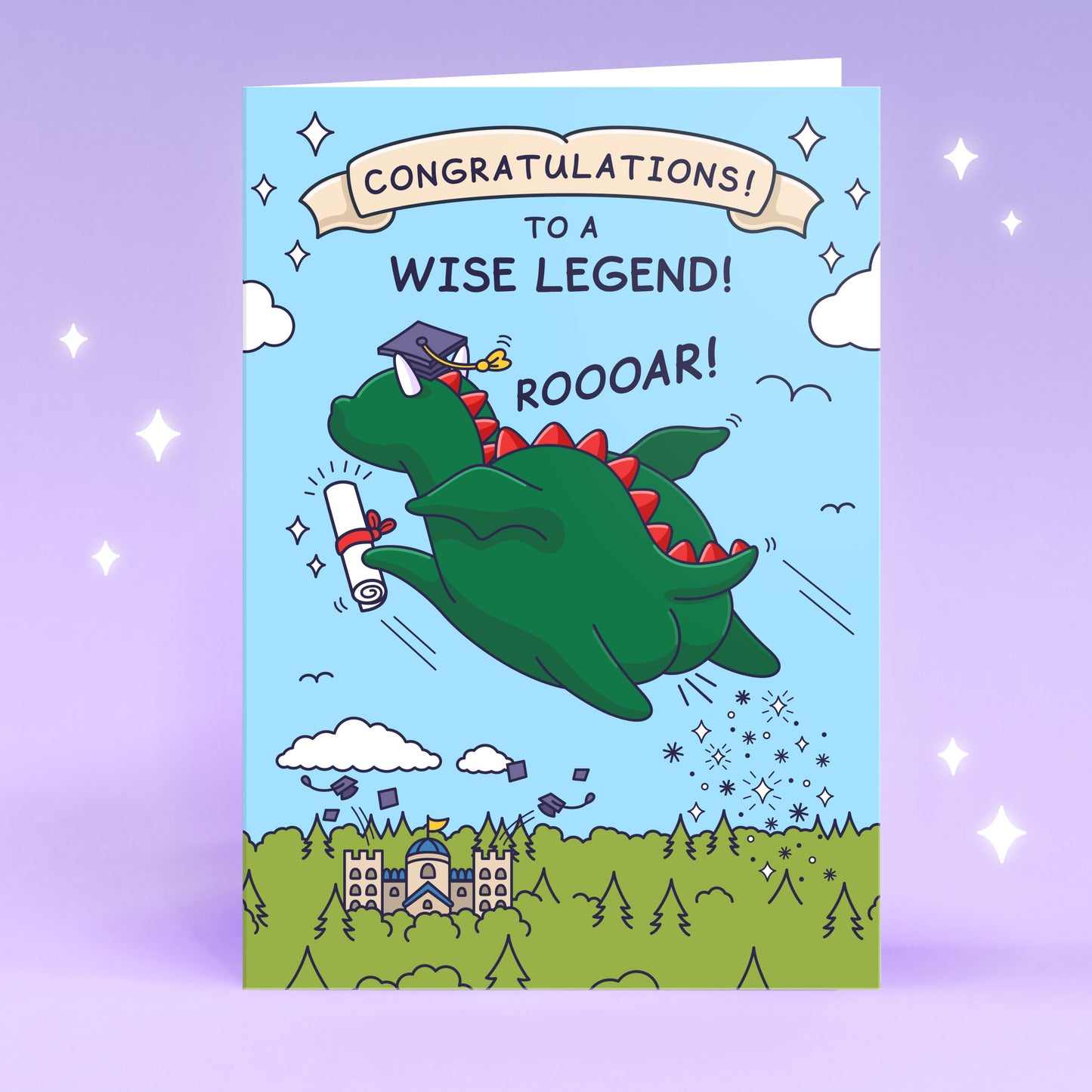 A funny graduation card with a dragon farting. Holding a diploma / certificate and flying away from a college / university.