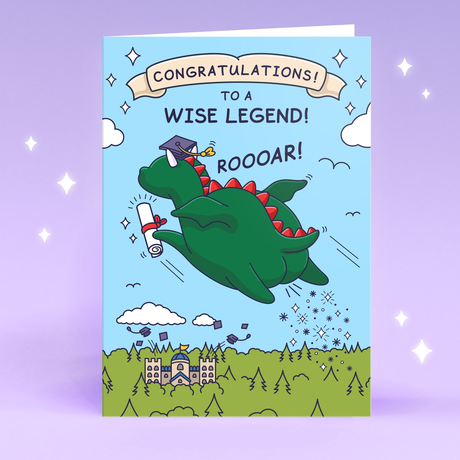 A funny graduation card with a dragon farting. Holding a diploma / certificate and flying away from a college / university.