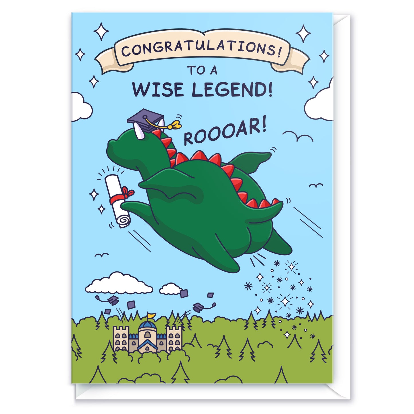 A funny graduation card with a dragon farting. Holding a diploma / certificate and flying away from a college / university.