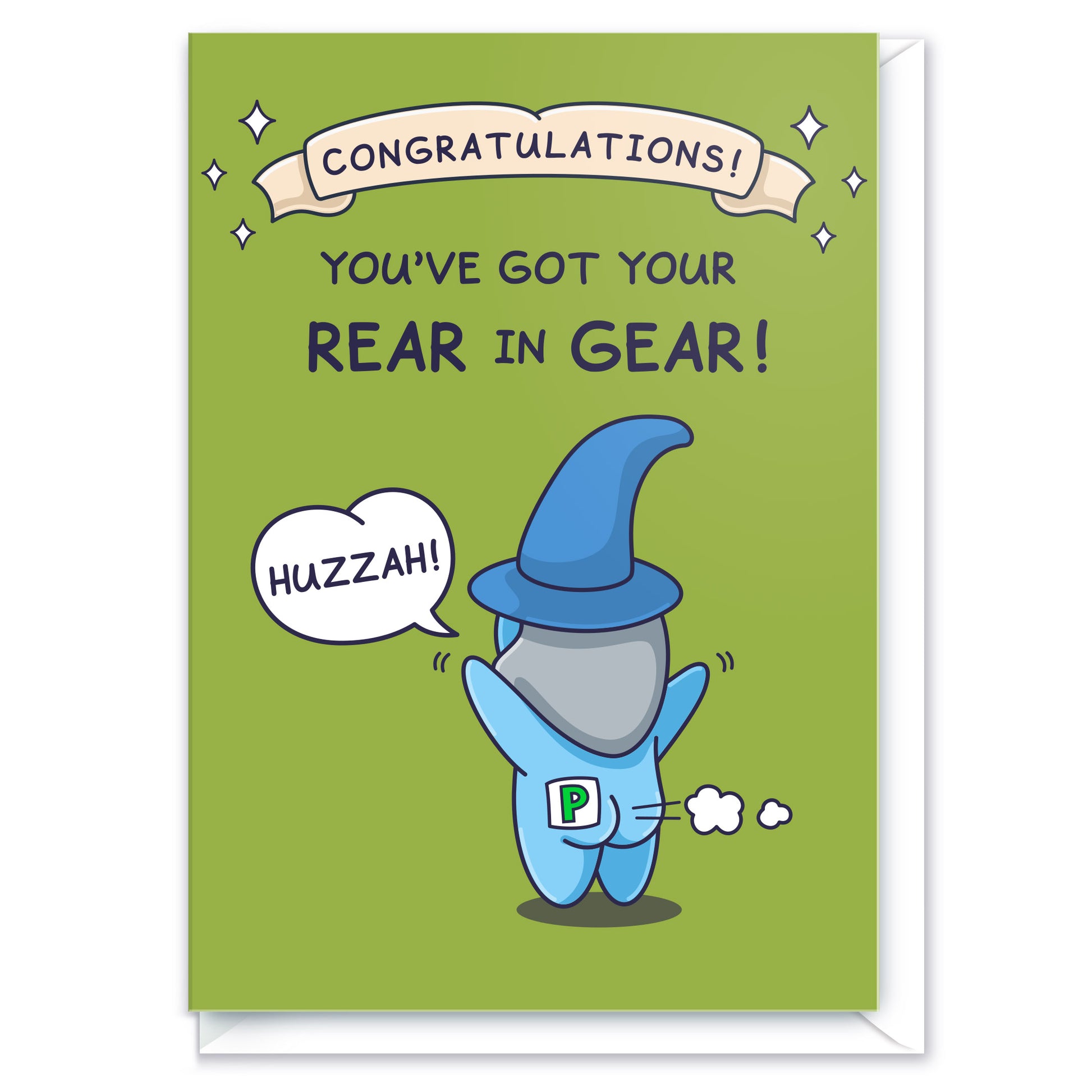 Funny card Passed Driving, cute cartoon of a Cheeky Legends Wizard farting.