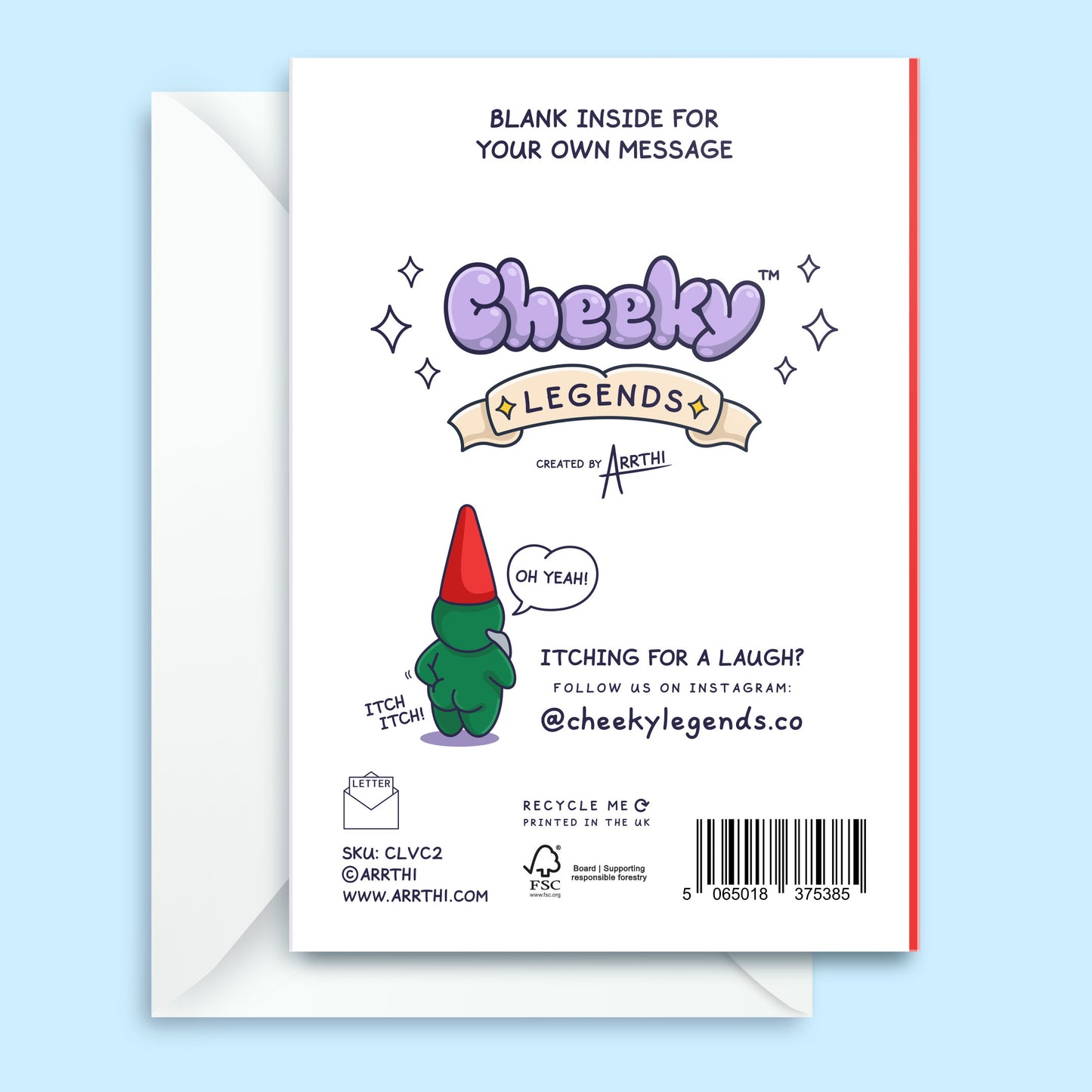 Back of a greeting card with 'Cheeky Legends' branding and cartoon character on a light blue background