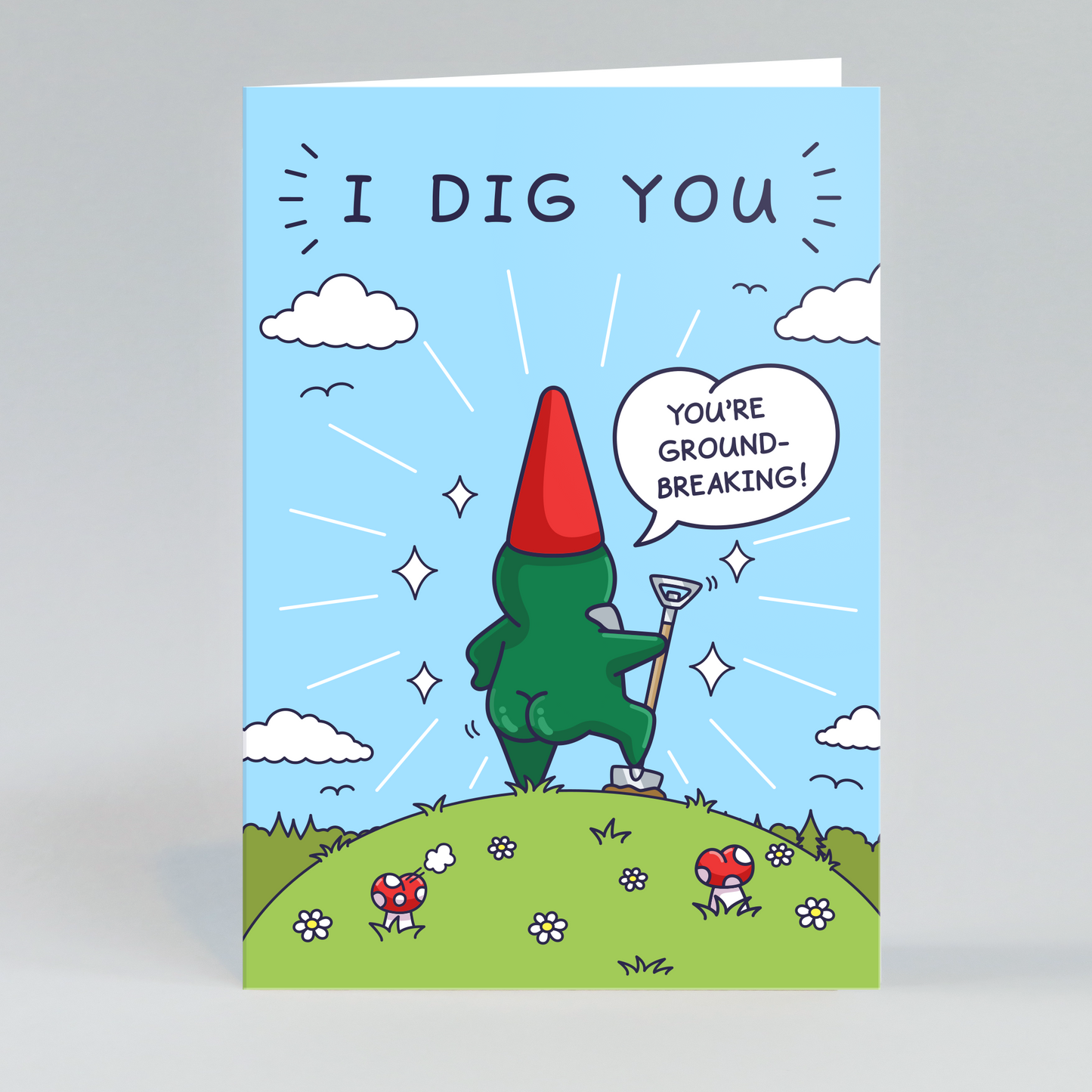 An illustrated card with a funny, quirky image of a gnome's bottom in a garden, with its red hat visible. It's a humorous and lighthearted design.