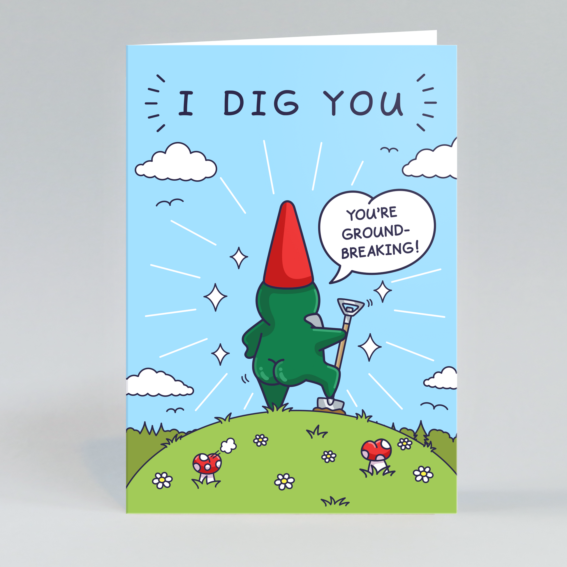 An illustrated card with a funny, quirky image of a gnome's bottom in a garden, with its red hat visible. It's a humorous and lighthearted design.