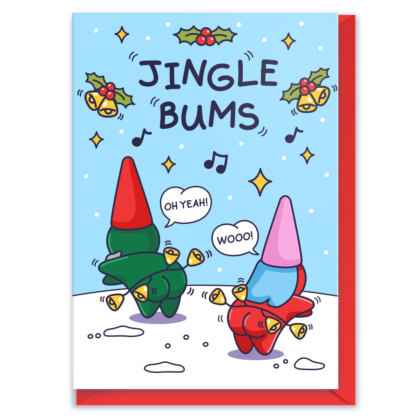 Funny Christmas card with cute gnomes swinging bells around. It's a pun on Jingle Bells with the caption 'Jingle Bums'