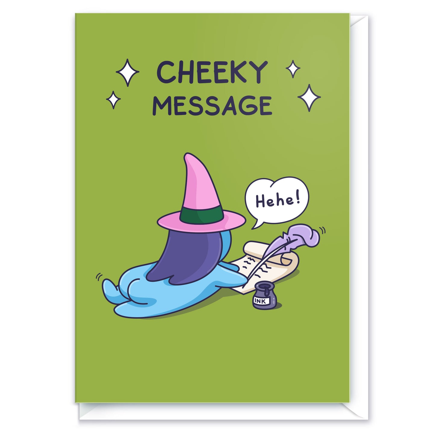 A funny card perfect for sending a cheeky message, maybe to your loved one or a special admirer. The image is on a witch writing writing a note on a scroll using a quill.