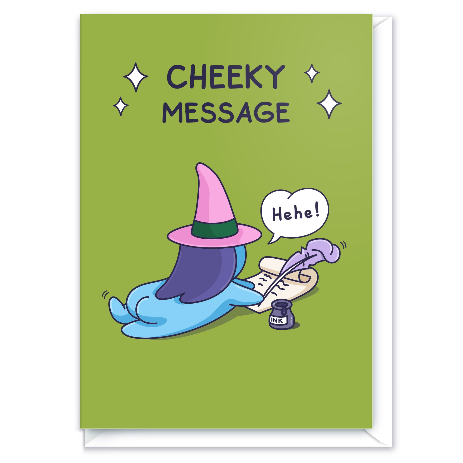 A funny card perfect for sending a cheeky message, maybe to your loved one or a special admirer. The image is on a witch writing writing a note on a scroll using a quill.