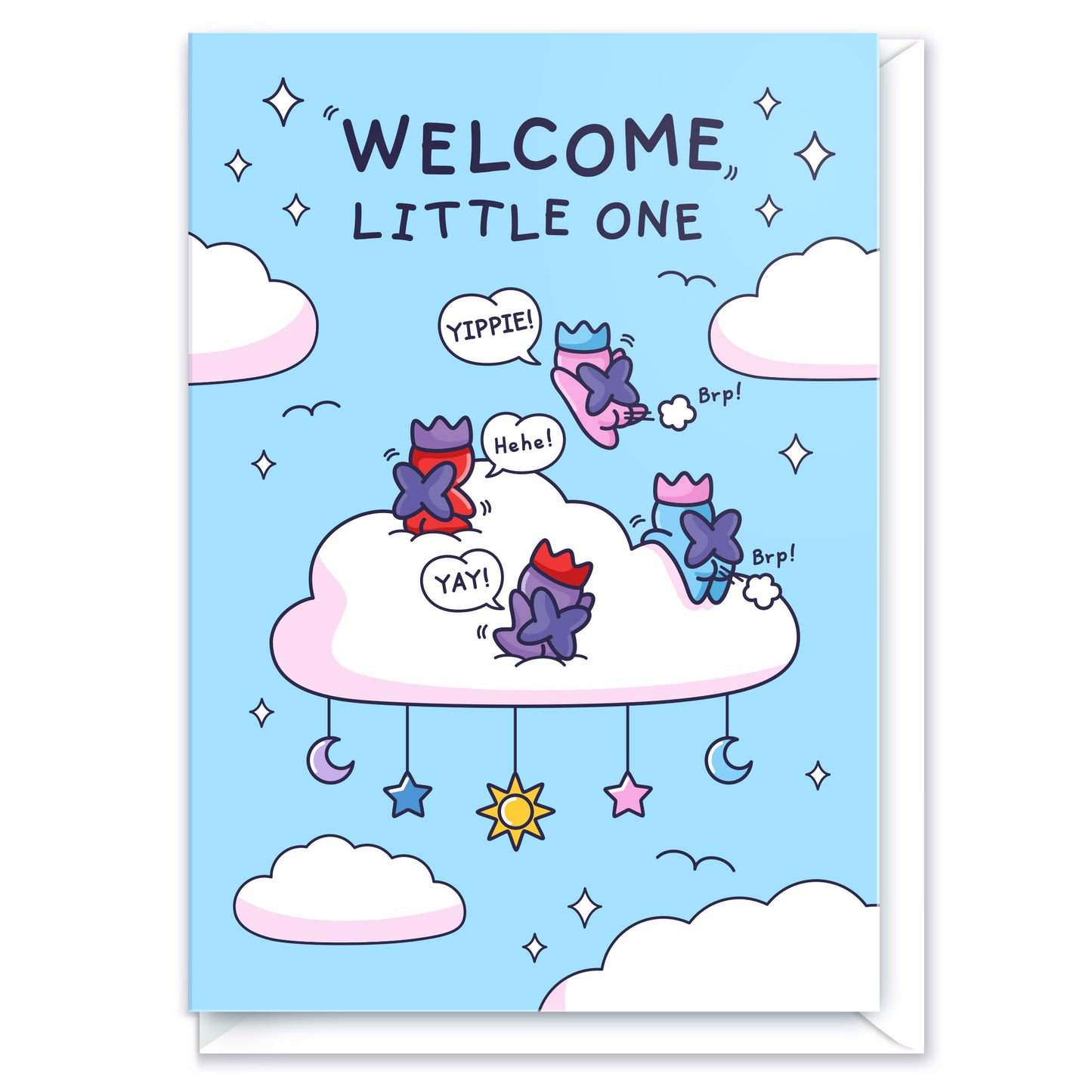 Cute New Baby card, featuring fairies on a cloud with stars, sun and moon. Text reads Welcome Little One.