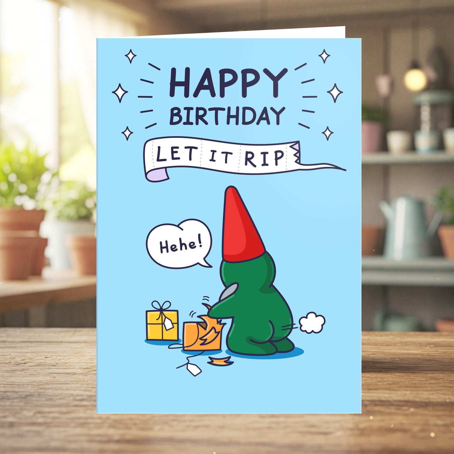 Birthday card with a Cheeky Legends character and humorous text on a blue background