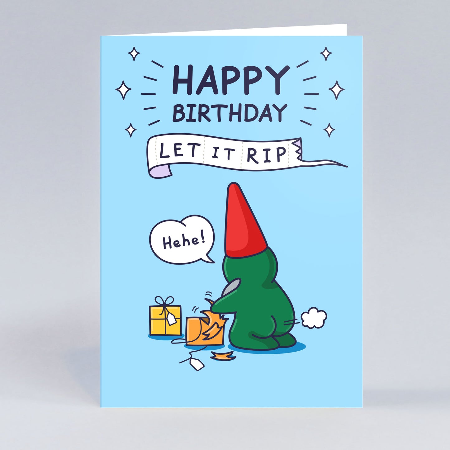 Unique Birthday card with a fun drawing with a character ripping open presents and farting at the same time and humorous text on a light blue background.