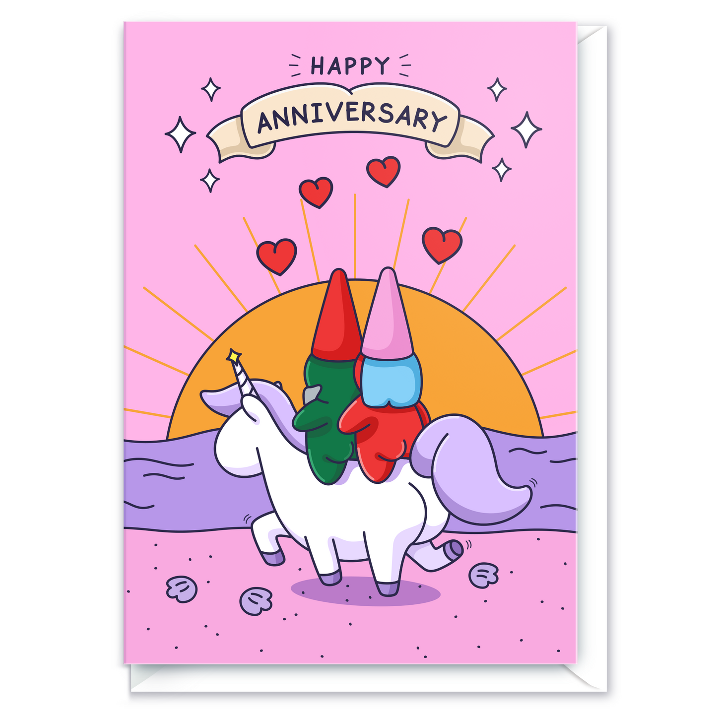 A cute gnome couple are riding on a unicorn on a beach with a beautiful sunset. Surrounding a banner with hearts and starts it reads 'Happy Anniversary'.