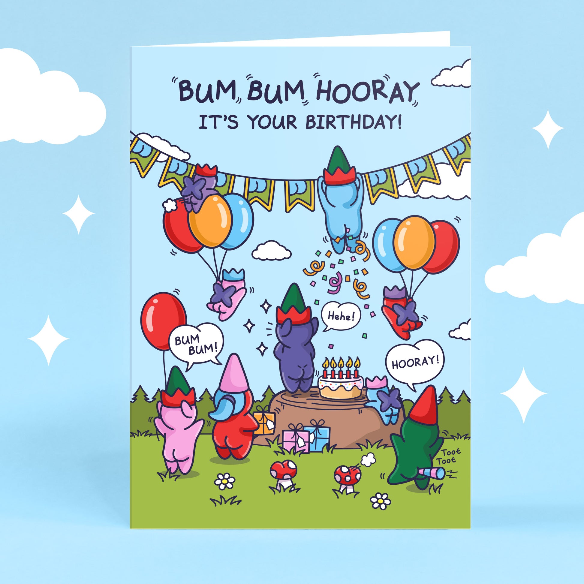 An action packed birthday card with elves, gnomes and fairies.