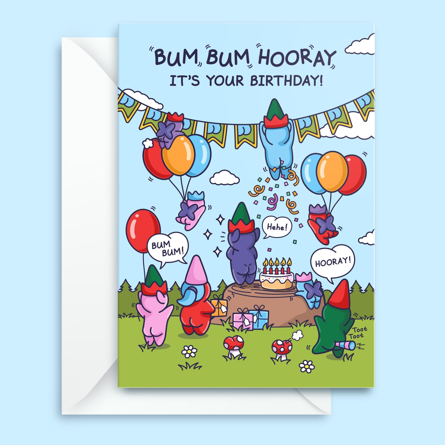 Bum Bum Hooray - Funny Birthday Card For Kids - Cute Elves and Gnomes