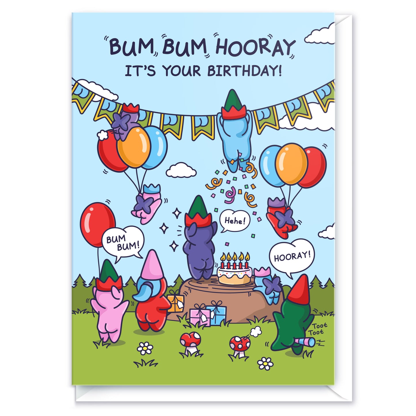 Bum Bum Hooray - Funny Birthday Card For Kids - Cute Elves and Gnomes