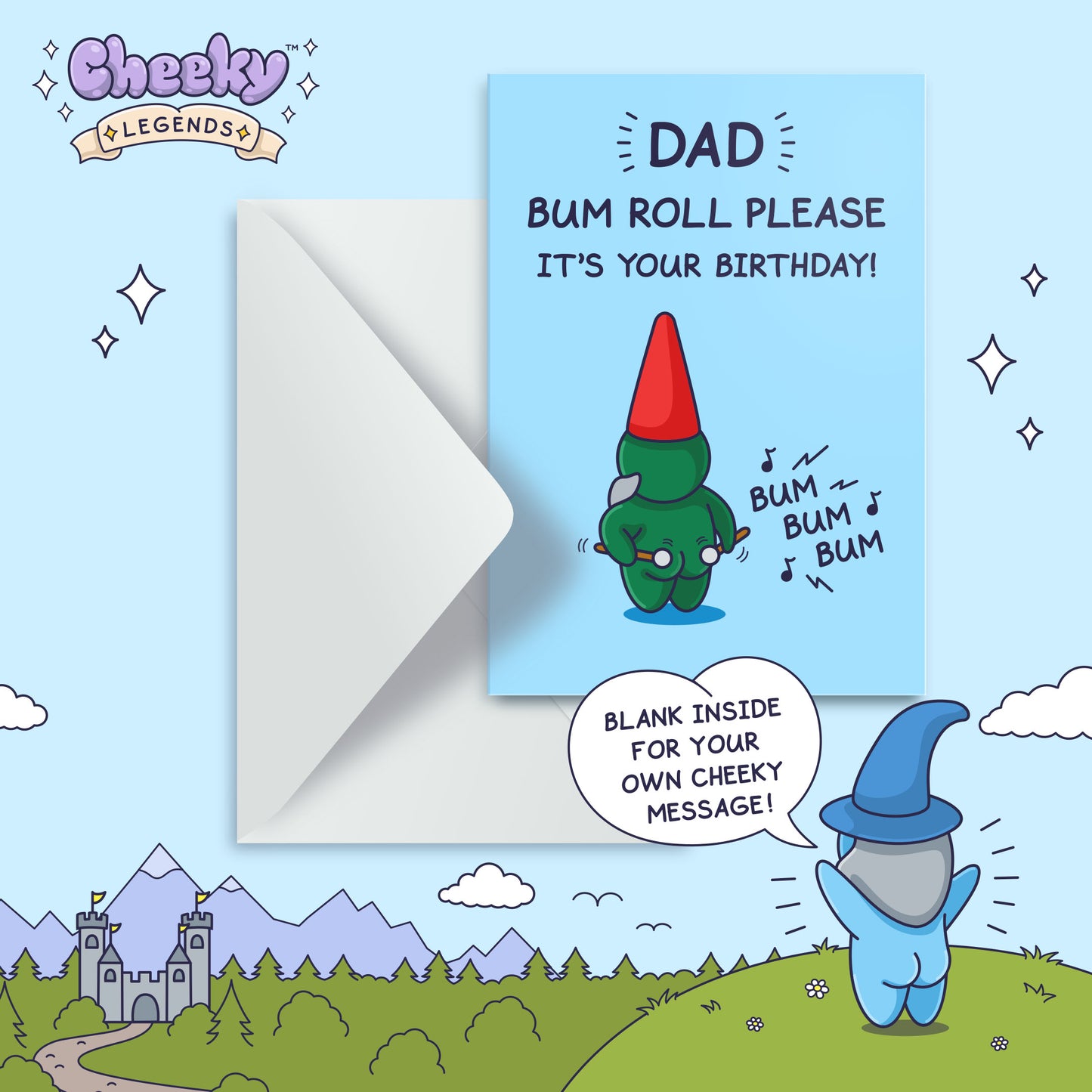 Birthday card with cartoon character and humorous text on a blue background, featuring 'Cheeky Legends' branding.