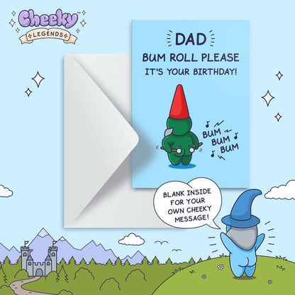 Birthday card with cartoon character and humorous text on a blue background, featuring 'Cheeky Legends' branding.