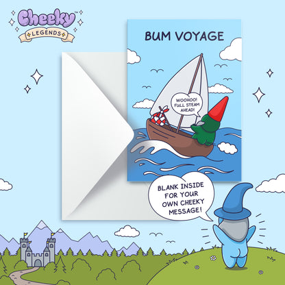 Bum Voyage - Funny Leaving Card, Retirement, Goodbye Card - Sailing Gnome