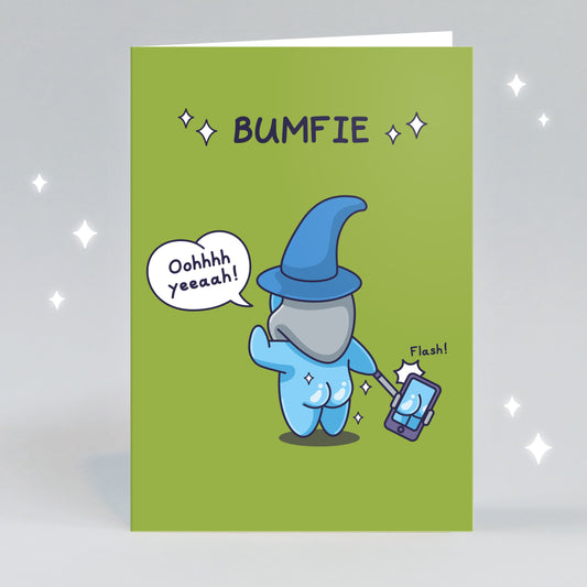 A cute and cheeky wizard is taking a photo of his bum with the caption 'Bumfie'.