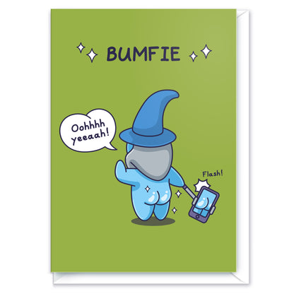 A cute and cheeky wizard is taking a photo of his bum with the caption 'Bumfie'.