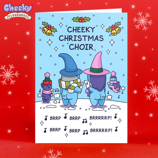 Funny Christmas card of a family of Wizards signing festive carols by farting the tunes.