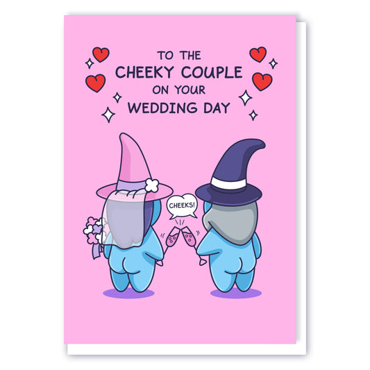 A newly wedded wizard and witch couple say 'Cheeks' as they clink their drinks. The caption reads 'To the Cheeky Couple on your Wedding Day', surrounded by stars and hearts.