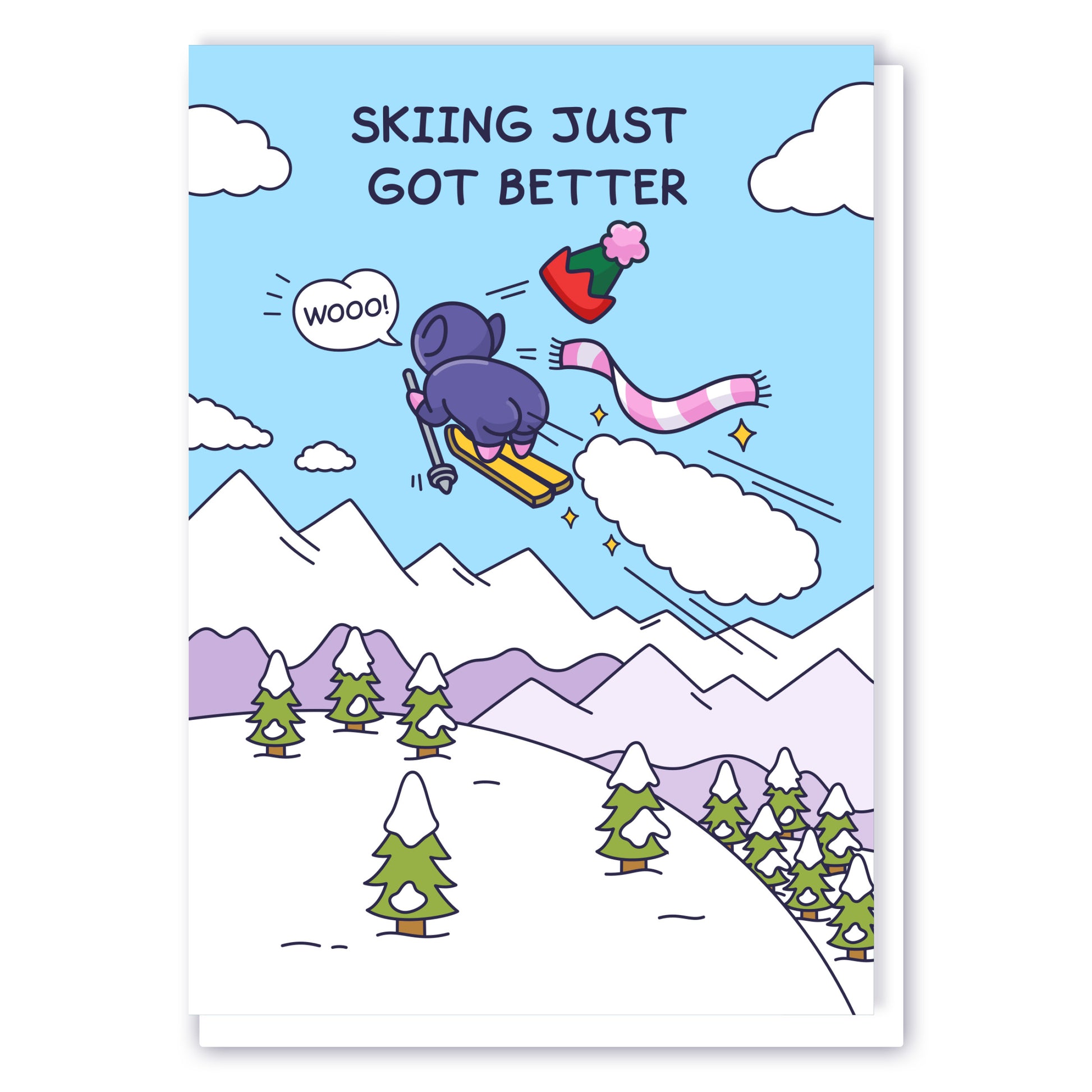 A funny greeting card of a cheeky Elf flying through the sky on skies with a huge fart cloud and stars. The caption reads 'Skiing Just Got Better'. 