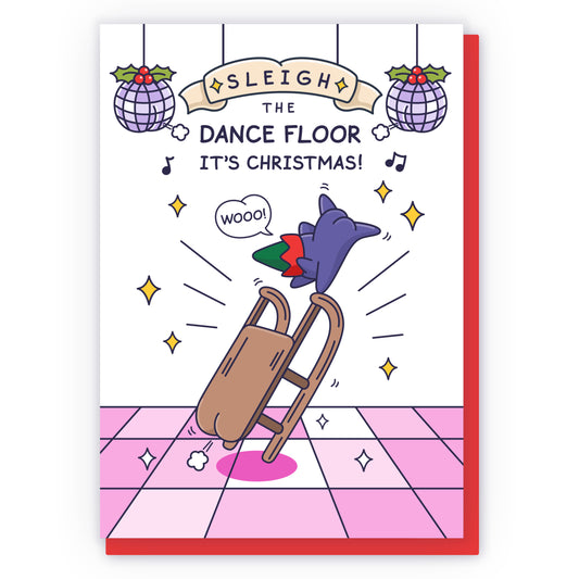 Cheeky Elf Sleighing the Dance Floor Funny Christmas Card