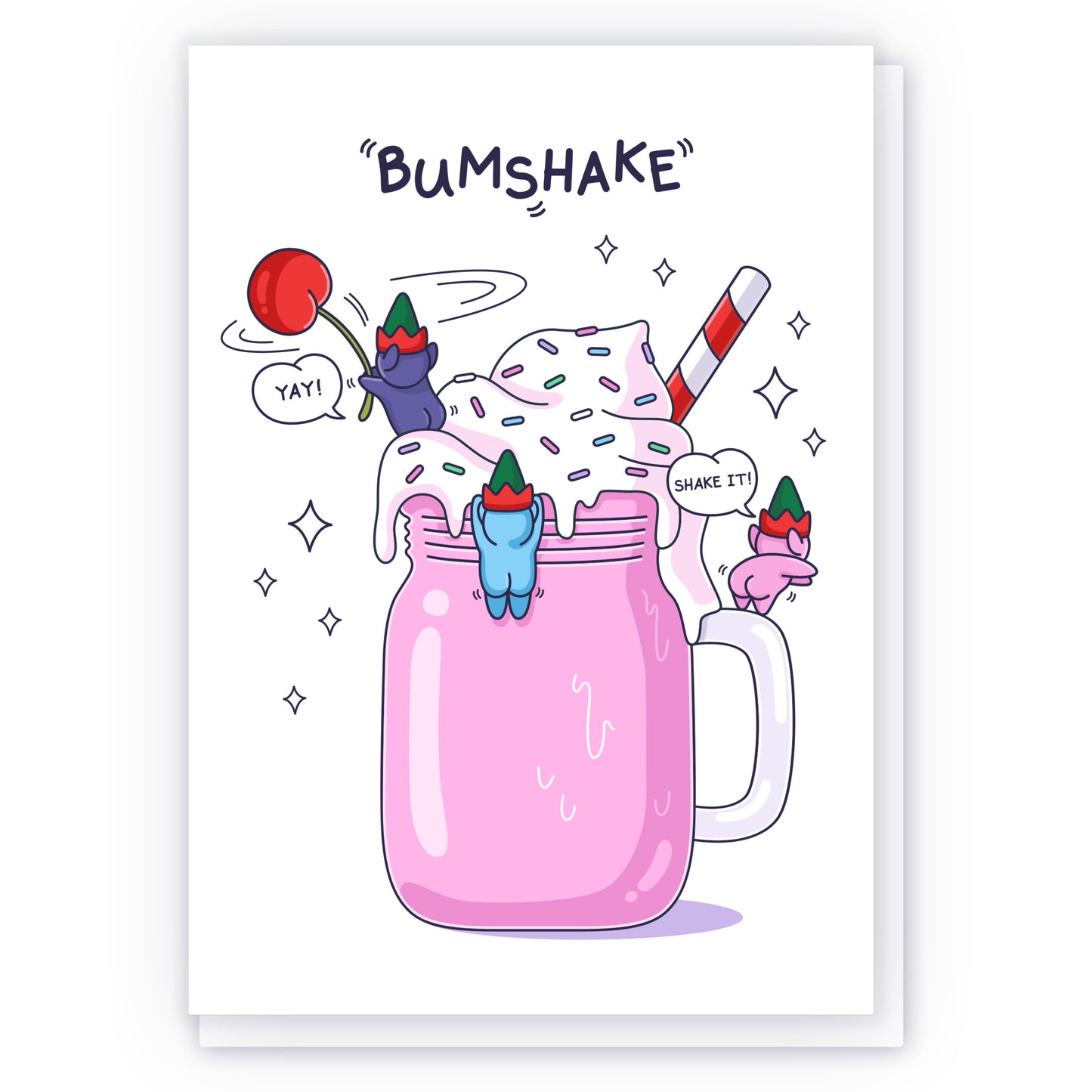 Three cheeky elves are playing around a tall strawberry milkshake. The funny pun caption reads 'Bumshake'.