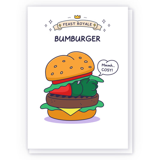 A cute Gnome is sleeping in a burger with the punny caption 'Bumburger'.
