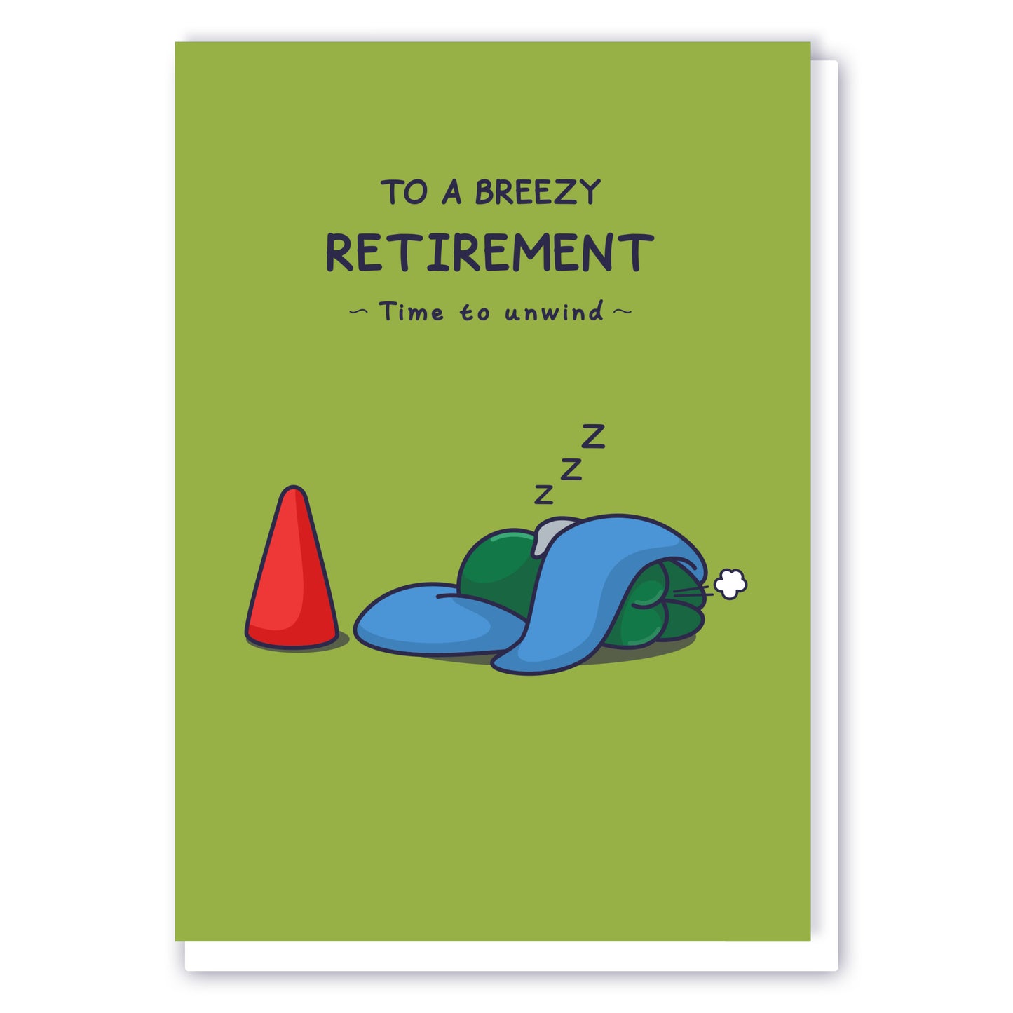 An gnome is sleeping with a blanket, but it does not cover his bottom and we see a comical fart. The funny greeting card caption reads 'To a Breezy Retirement - Time to Unwind'.