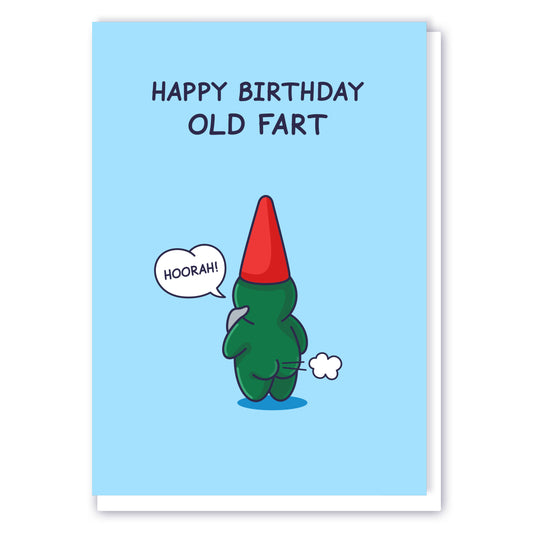 Simple Happy Birthday Old Fart card with a gnome farting and saying 'Hoorah!'