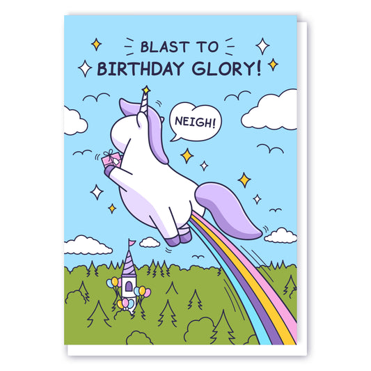 A beautiful unicorn is holding a present while flying with a rainbow. There is a cute white castle with balloons and the caption reads 'Blast to Birthday Glory!'