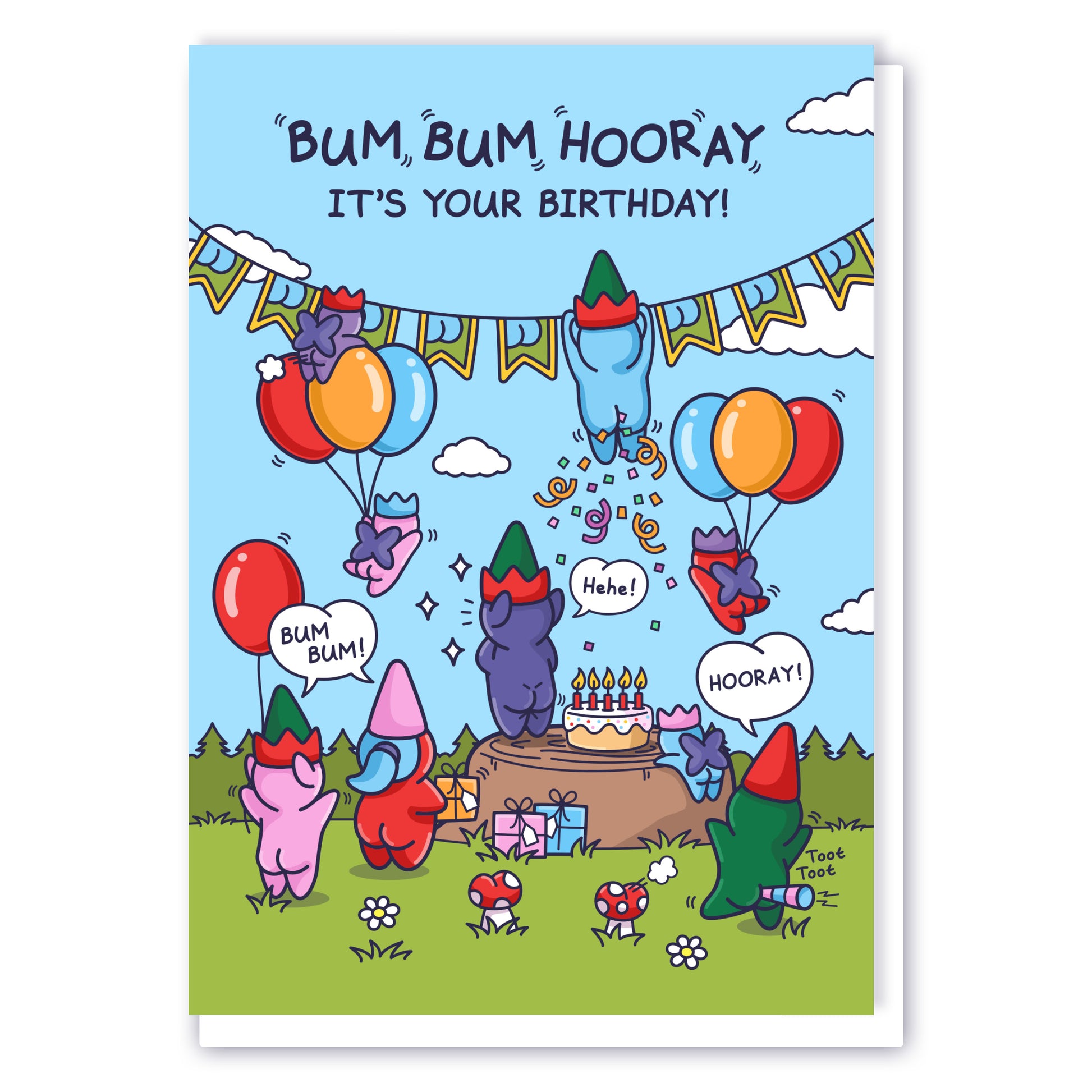 An action packed birthday card with elves, gnomes and fairies.