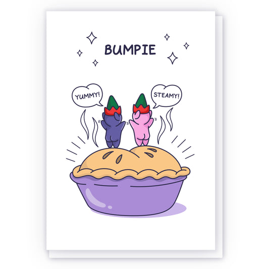 Two cute Elves are standing on a bum shaped pie.