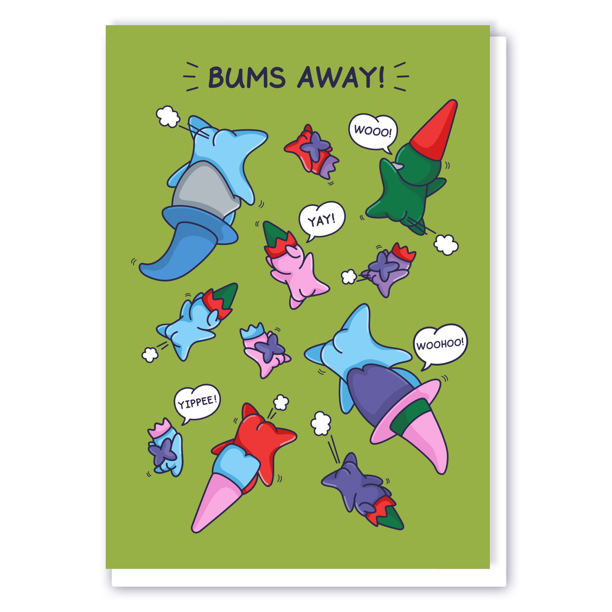 This Cheeky Legends card features cute and funny characters, such as wizards and gnomes falling through the sky farting and cheering with the caption 'Bums Away!'
